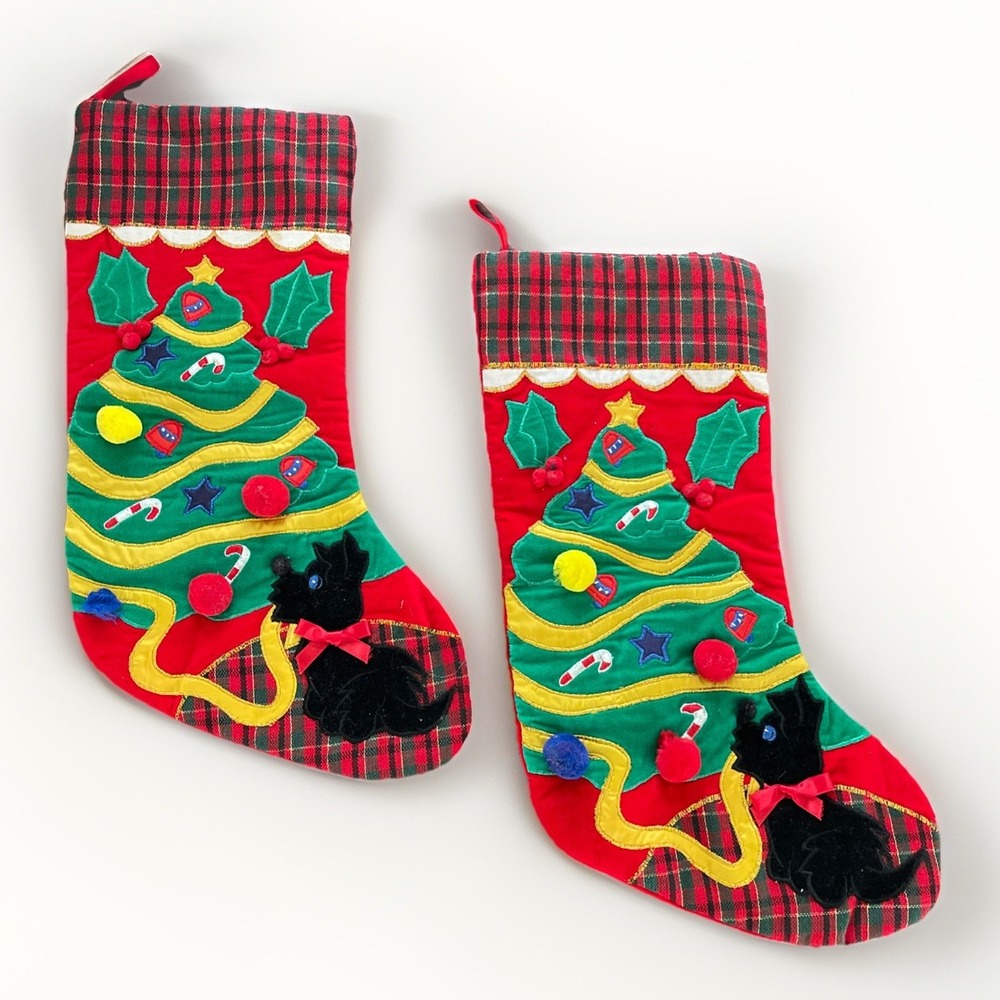 2 VTG Scottie Dog Red Velvet Black Christmas Tree Stockings Cute - Picture 2 of 8